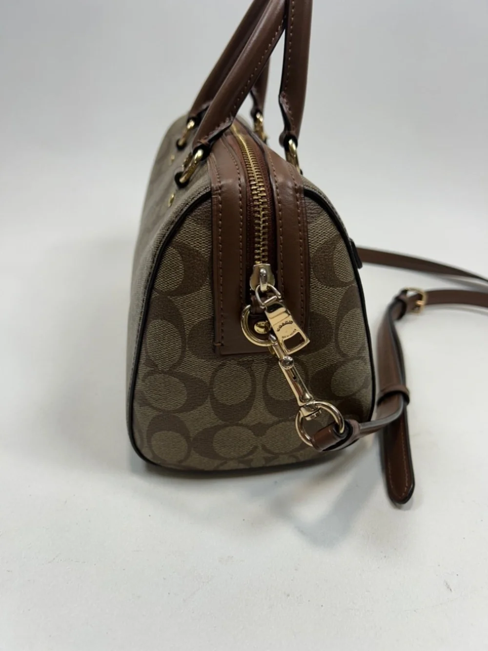 COACH Rowan Satchel in Khaki/Saddle Signature Coated Canvas Crossbody Strap